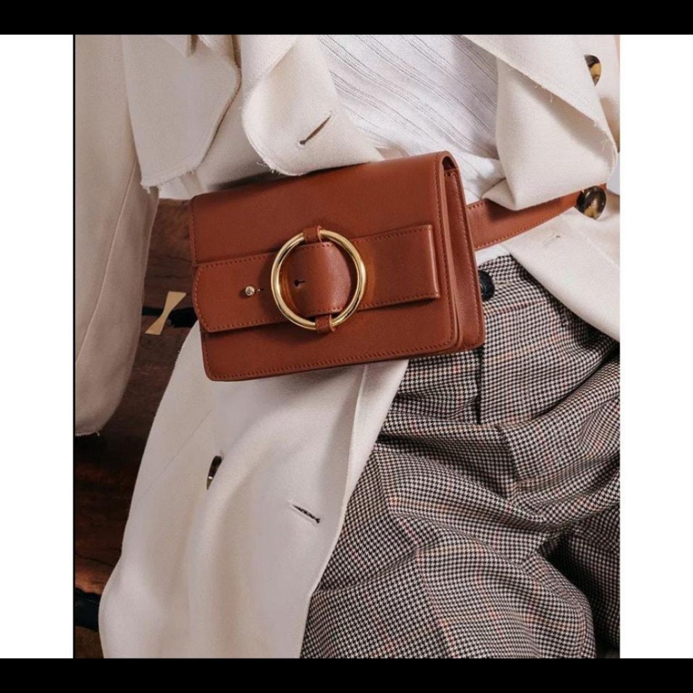 Classic Brown Leather Belt Bag with Gold Ring Accent